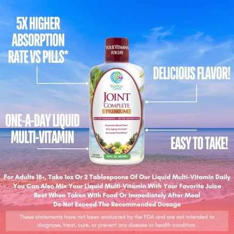 Tropical Oasis - Suplemento Líquido Completo para Articulações Joint Complete Premium – com Glucosamina, Condroitina, MSM, Ácido Hialurônico – para Saúde Óssea e Articular – Absorção Máxima de 96%% – 960ml, 32 porções