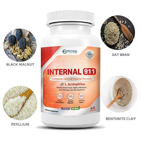 Phytage Labs - Internal 911 – Suplemento Detox para Limpeza do Cólon – Laxante Natural Elimina Toxinas para Melhor Digestão e Pele Radiante – 60 Cápsulas