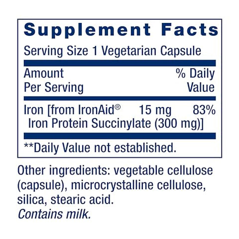Iron Protein Plus: Suplemento de ferro proteico succinilato, absorvível para saúde integral, sem OGM, sem glúten, vegetariano, 100 cápsulas - Life Extension