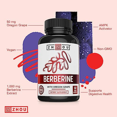 ZHOU - Zhou Nutrition Berberine 1000mg com Oregon Grape, Vegano, Sem Glúten, 30 Porções