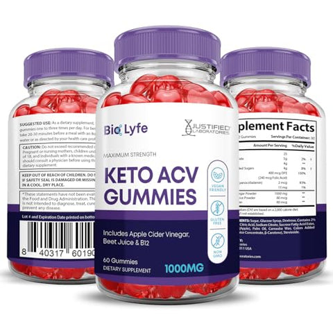Justified Laboratories - (5 Pacotes) Gomas Bio Lyfe Keto ACV Fórmula Avançada 1000MG Biolyfe Keto Gomas Vinagre de Maçã Formulado com Romã Suco de Beterraba B12 Vegano Não GMO 300 Gomas
