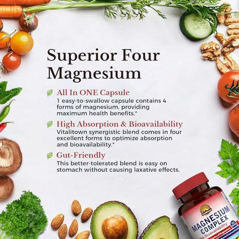VITALITOWN - Vitalitown Magnesium Complex 500mg – Máxima Absorção Quelato de Magnésio Glicinato, Malato, Taurato | Vitalitown