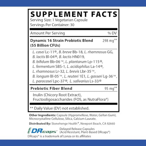 Probióticos 55 Bilhões UFC – 16 Cepas, Prebiótico, Simbióticos Dynamic Biotics – Lactobacillus Acidophilus, Liberação Retardada, Estável em Prateleira, Sem OGM Sem Glúten - Stonehenge Health