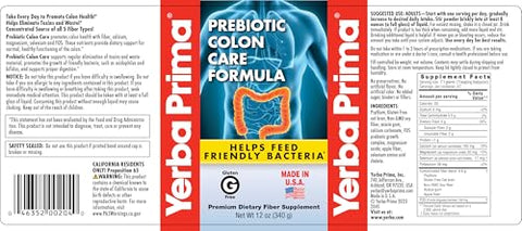 Fórmula em Pó para Cuidado do Cólon Prebiótico 12 oz – Fibra Natural de Psyllium, FOS, Magnésio, Selênio – Não-OGM, Sem Glúten, Suplemento Diário Vegano para Homens - Yerba Prima