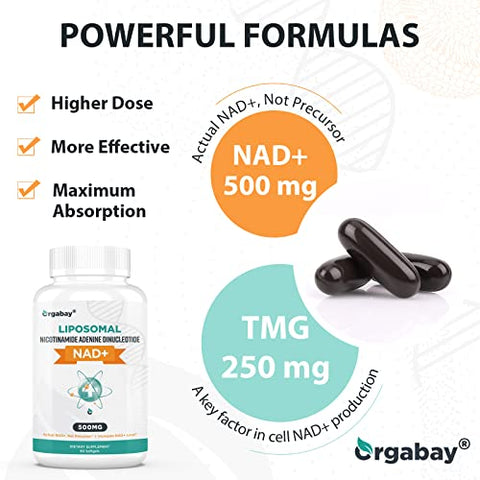 Orgabay - Suplemento Liposomal NAD 500 mg, Alta Absorção, Aumente NAD com TMG 250 mg, NAD Real mais Eficiente que Ribosídeo de Nicotinamida, Suporte à Energia Celular, Envelhecimento Saudável