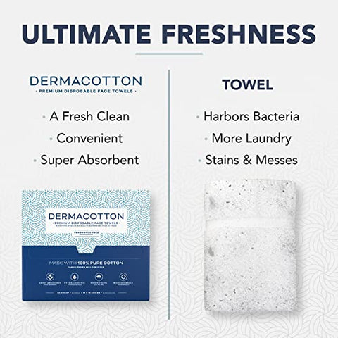 DERMACOTTON - Toalhas de Rosto Descartáveis 100% Algodão Biodegradáveis – Macias e Hipoalergênicas, para Remoção de Maquiagem e Todos os Tipos de Pele, Incluindo Sensíveis – 100 Toalhas Extra Grandes