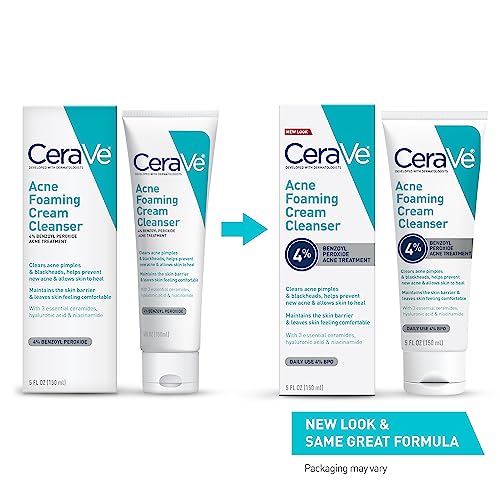 Creme Espumante de Limpeza para Acne | Tratamento para Rosto com 4% de Peróxido de Benzoíla, Ácido Hialurônico e Niacinamida | Fórmula Creme para Espuma | Sem Fragrância - CeraVe