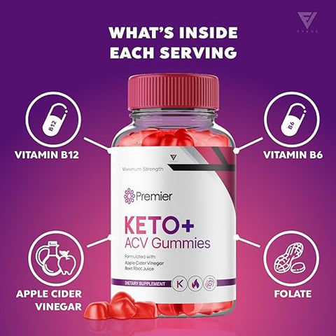 Fyvus - (2 Pacotes) Gomas Premier Keto ACV para Perda de Peso Avançada, Gomas Premier Keto, Premier ACV Keto Plus Suplemento de Vinagre de Maçã com Vitamina B12, Folate, Beterraba (120 Gomas)