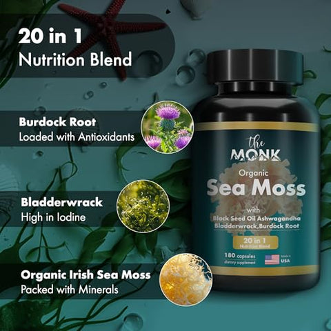 THE MONK - Cápsulas de Musgo do Mar Irlandês Orgânico – Fórmula Avançada, Suplemento de Musgo Selvagem Cru com Alga Marinha e Raiz de Bardana – 180 Comprimidos Veganos – Fabricado nos EUA