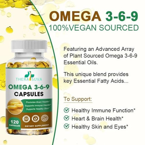 TheraSuva - Suplemento Natural de Ômega 3-6-9 de Alta Potência, 100% Vegano para Saúde do Coração e das Articulações – 120 Softgels, Fornecimento de 60 Dias