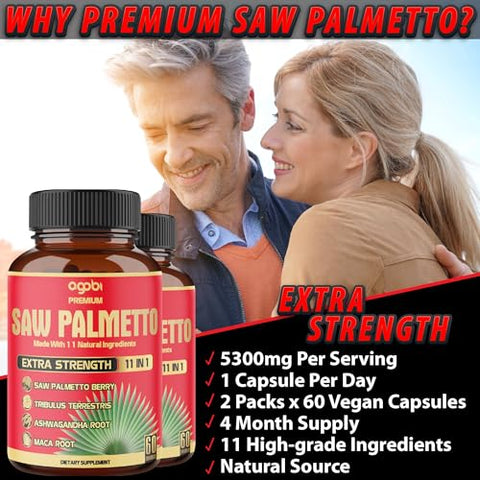 agobi - 2 Pacotes 60 Unidades 4 Meses – Cápsulas de Saw Palmetto 5300 mg – 11 em 1 com Ashwagandha, Cúrcuma, Tribulus, Maca, Chá Verde, Manjericão Sagrado