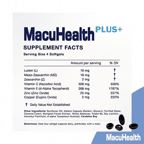 Plus – Suplemento de Vitaminas para os Olhos de 90 Dias com Luteína, Zeaxantina e Meso-Zeaxantina – Sem Sabor, Vitamina para os Olhos - Macuhealth