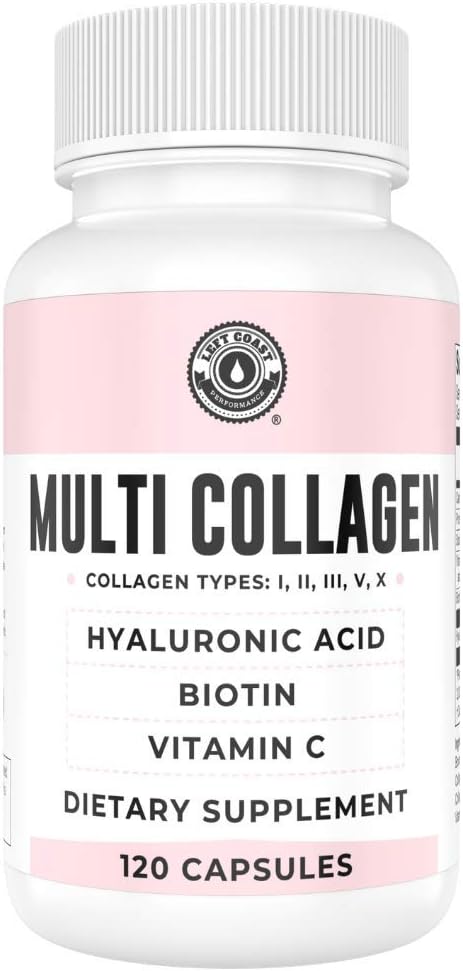 Left Coast Performance - Colágeno em Cápsulas com Biotina, Ácido Hialurônico, Vitamina C. Peptídeos de Colágeno Hidrolisado Multi Tipo I, II, III, V, X. Para Pele, Cabelo, Unhas e Saúde das Articulações