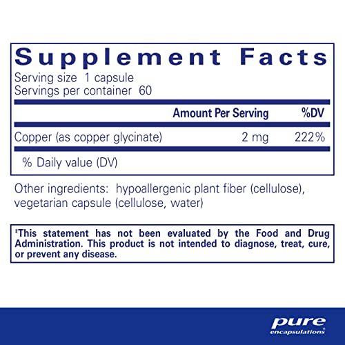 Copper Glycinate 60’s – Suplemento de Cobre 2 mg, Suporta a Formação de Glóbulos Vermelhos* – Auxilia o Metabolismo Energético – Não-OGM - Pure Encapsulations