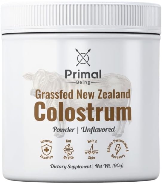 Colostro de Carne Bovina Alimentada com Capim – Suporte à Função Imunológica, Saúde Intestinal, Cabelo, Anti-Envelhecimento, Desempenho Atlético, Recuperação – 90g Pó sem Sabor, 3000mg por Porção - Primal Being