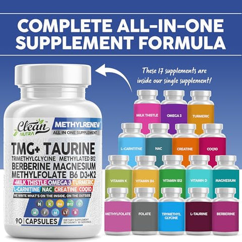 Clean Nutraceuticals - Clean Nutra TMG Taurine – Multivitamina Metilada com Vitaminas B6, B12, D3 K2, Berberina, Magnésio, Metilfolato, Cardo de Leite, Ômega 3, Cúrcuma, NAC e L-Carnitina | Marca Clean Nutra