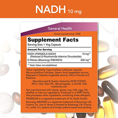 NOW Foods - NADH com Ribose, 10 mg, 60 Vcaps por Now Foods (Pacote com 3) – Energia e Saúde