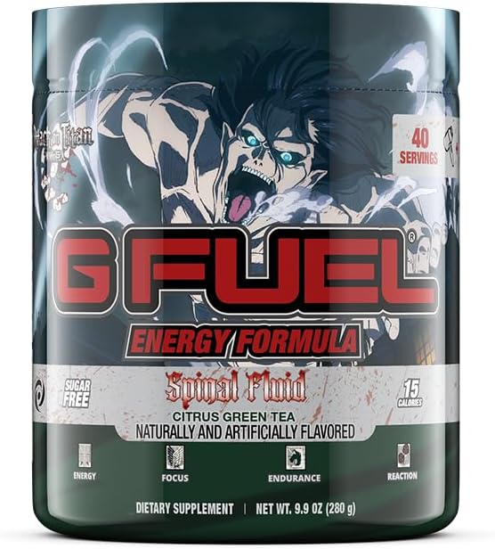 G Fuel Attack on Titan Pó Energético, Sem Açúcar, Suplemento de Foco com Cafeína Limpa, Mistura para Água, Sabor Chá Verde Cítrico, Aminoácidos de Foco, Vitaminas Antioxidantes – 280g