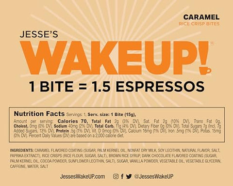 Jesse's WakeUP! - WAKE UP! Bites de Proteína Caramelada Cafeinada – Sem Glúten, Vegetariano, 175mg de Cafeína (1 Bite = 1,5 Espressos) – Aumenta o Foco e a Clareza – Ingredientes Kosher – 8 Pacotes