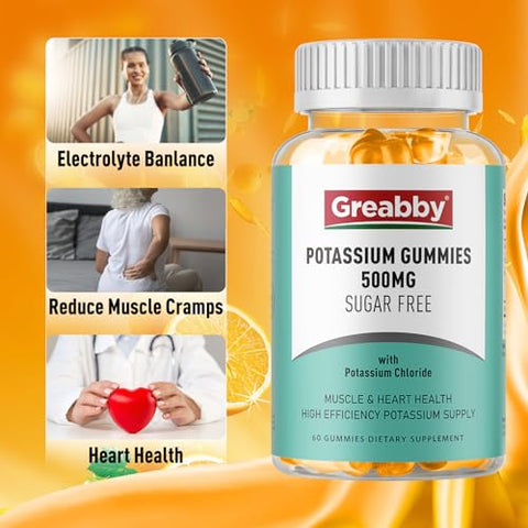 GREABBY - Gomas de Potássio 500mg para Adultos, 60 Porções, Gomas de Cloreto de Potássio sem Açúcar, Saúde Cardíaca
