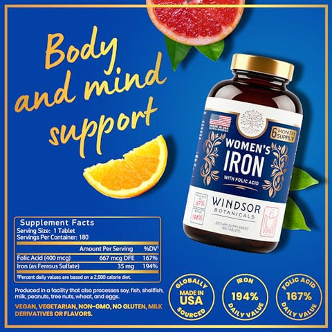 WINDSOR BOTANICALS - Suplemento de Ferro para Mulheres com Ácido Fólico – 35mg de Ferro Suave, 667mcg de Vitamina B9 – Suporte para Anemia, Menstruação e Gravidez – Pílulas de Sulfato Ferroso – 180