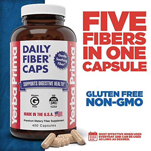 Daily Fiber Caps Formula 400 Cápsulas (Pacote com 2) – Fibra Solúvel/Insolúvel com Casca de Semente de Psyllium, Goma de Acácia, Suplemento de Fibra de Maçã - Yerba Prima