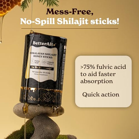 Better Alt - Melhor Alt Puro Himalaia Shilajit Sticks com Mel Orgânico e Açafrão | Fácil Consumo Shilajit | 30 Sticks para Energia Extra