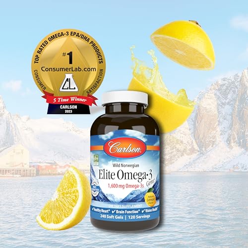 Ômega-3 Elite Gems, 1600 mg Ácidos Graxos Ômega-3 Incluindo EPA e DHA, Norueguês, Óleo de Peixe Selvagem Capturado de Forma Sustentável, Cápsulas de Óleo de Peixe Ômega 3 - Carlson