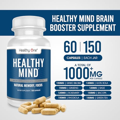Healthy One - Suplemento Natural para Memória e Concentração – Healthy Mind Brain Booster – Memória, Clareza – 60 cápsulas