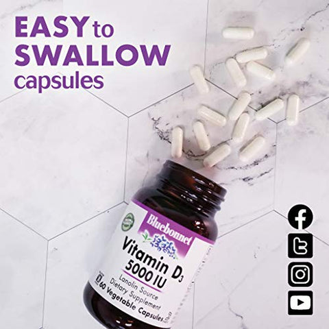 Vitamina D3 5000 UI Cápsulas Vegetais, 120 Unidades – Alta Potência - Bluebonnet