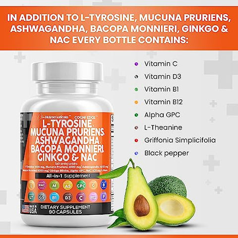 L-Tyrosine 1000mg Mucuna Pruriens 6000mg Bacopa Monnieri 500mg Ashwagandha 4000mg Focus Supplement com N-Acetil Cisteína 600mg NAC 5-HTP Ginkgo Biloba Alpha - Clean Nutraceuticals