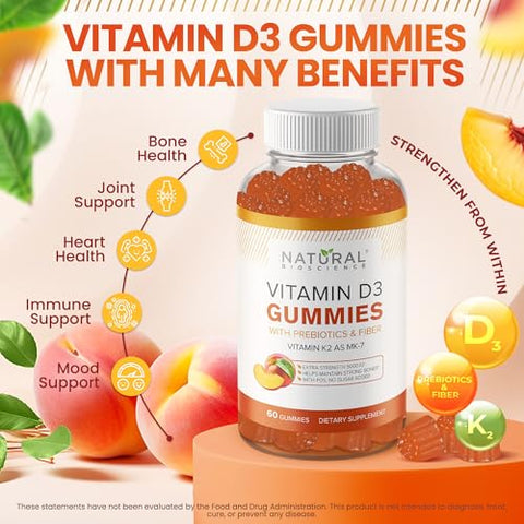 Natural BioScience - Gomas de Vitamina D3 K2 sem Açúcar – Gomas de Vitamina D3 5000 UI K2 MK7 80 mcg, Suplemento de Vitamina D K2 para Adultos, para Ossos, Imunidade, Coração, Humor, Sem Glúten, Não-OGM