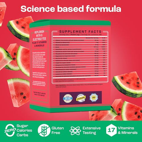 Pacotes de Pó de Eletrólitos de Melancia Refrescante 40 Pacotes de Hidratação – Pó de Hidratação para Viagem – Sem Açúcar, Sem Calorias, Sem Glúten – Fabricado nos EUA - KEY NUTRIENTS