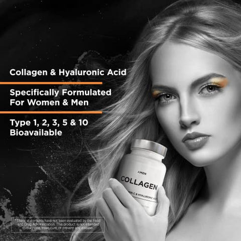 Multi Colágeno Cápsulas com Ácido Hialurônico e Vitamina C – 5 Tipos de Proteína de Colágeno Tipo I, II, III, V, X – Hidrolisado de Pasto – 18 Aminoácidos – Colágeno - Amen