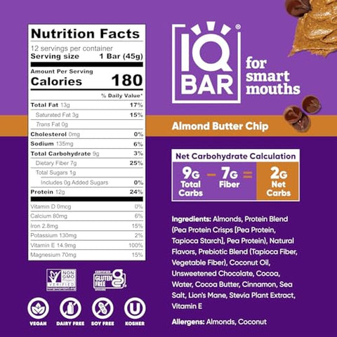 Generic - IQ BAR, Barra de Proteína Vegetal para o Cérebro e o Corpo – Amêndoa com Manteiga de Amendoim – 12 Unidades, Baixo Carboidrato, Alto Teor de Fibras, Sem Glúten, Lanche Vegano – Barras Energéticas com Baixo Teor de Açúcar para Dieta Keto