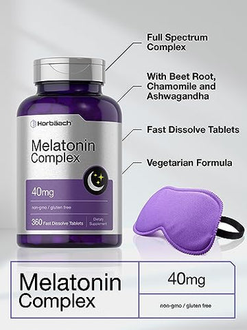 Melatonin 40mg Complex | 360 Comprimidos de Dissolução Rápida | Suplemento Extra Forte para Adultos | com Camomila e Ashwagandha | Vegetariano, Não-OGM, Sem Glúten - Horbäach