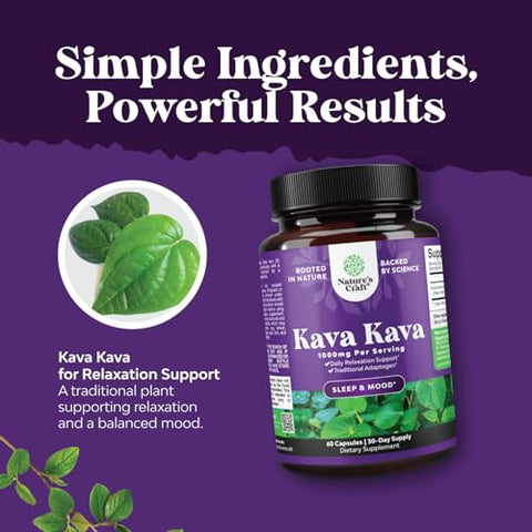 Natures Craft - Kava Kava Cápsulas – Suporte para o Humor com Raiz de Kava – 1000mg por Porção – Ação Rápida – Relaxante e Calmante – Extrato de Kava Adaptógeno para Estresse e Foco – 60 Cápsulas