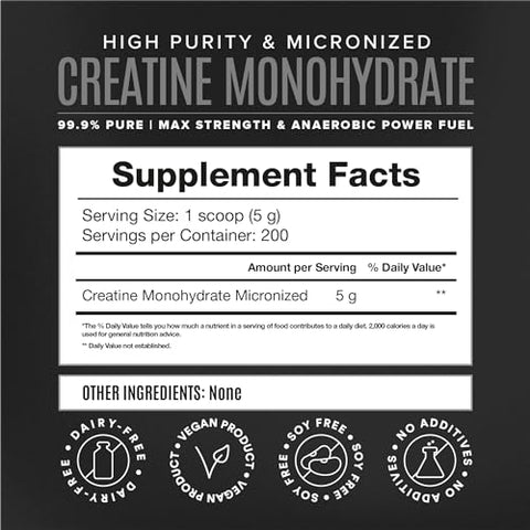 Creatina Monohidratada em Pó Micronizada, Recuperação Muscular, Pré-Treino sem Cafeína, Vegano, Pós-Treino, Sem Glúten, Sem Açúcar | 200 Porções (5g Cada) - BIRDMAN