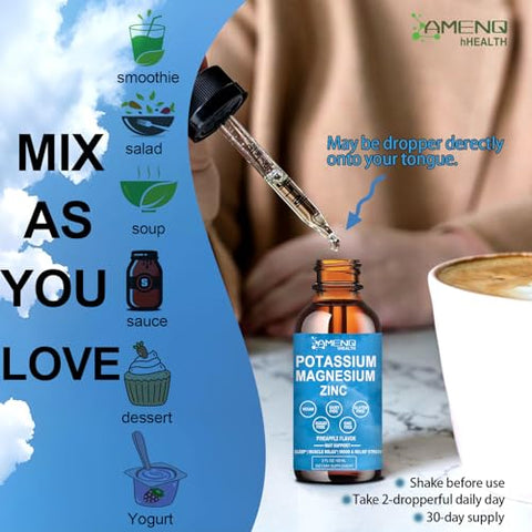 AMENQ hHEALTH - Potássio Magnésio Líquido Drops Aspartato de Magnésio Potássio com Bromelina, Vitamina B6 D3, Ashwagandha, Zinco Orgânico – Cãibras Musculares, Vascular