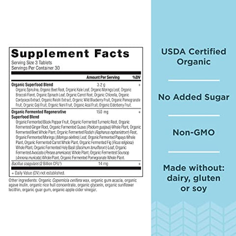 Super Greens com Probióticos, Comprimidos Orgânicos de Superfood Feitos de Spirulina, Chlorella, Moringa e um Probiótico Resistente, 30 Porções, 90 Comprimidos - Ancient Nutrition