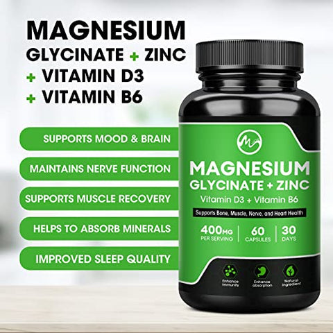 M inch - (2 Pacotes) Cápsulas de Magnésio Glicinato, Suplemento de Magnésio 400 mg com Zinco e Vitamina D3