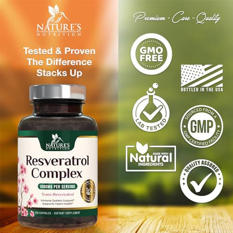 Nature's Nutrition - Resveratrol 1800mg por Porção – Antioxidantes Potentes para Suporte Imunológico – Suplemento Extra Forte de Trans-Resveratrol que Promove o Envelhecimento Saudável