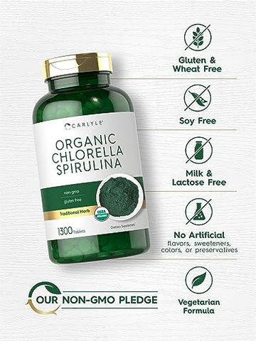 Chlorella Spirulina Orgânica em Comprimidos | 1300 Unidades | Mistura 50/50 | Livre de Transgênicos e Glúten - Carlyle