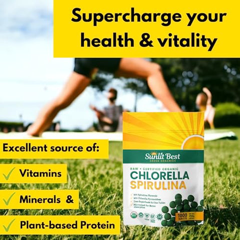 Sunlit Best Green Organics - Sunlit – Comprimidos de Chlorella Spirulina Orgânica – Superalimento Puro com Algas Azul-Verdes e Clorofila – 100g