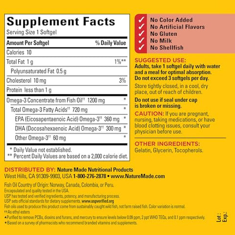 Ômega 3 Fish Oil 1200 mg – Suporte para Coração, Cérebro e Olhos – 1 Cápsula ao Dia – Suplemento Ômega 3 com 100% de Pureza – Óleo de Peixe em Ésteres de Etila - Nature Made