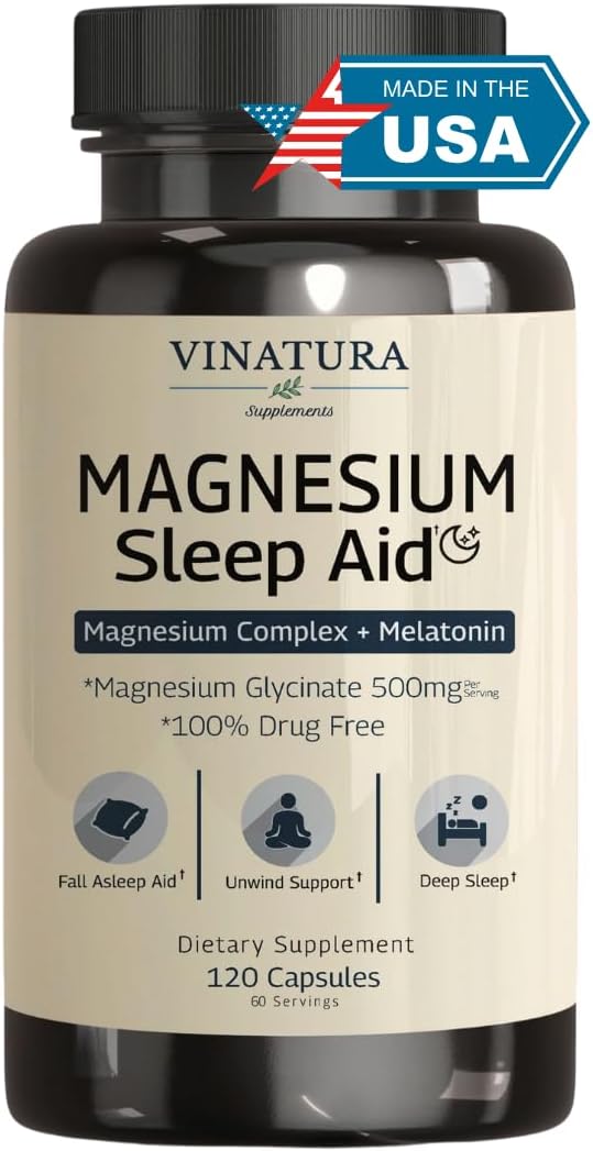 VINATURA - Magnésio para Dormir – Complexo de Magnésio com Melatonina – 500mg de Magnésio Glicinato, Magnésio L-Teanina – 120 Cápsulas