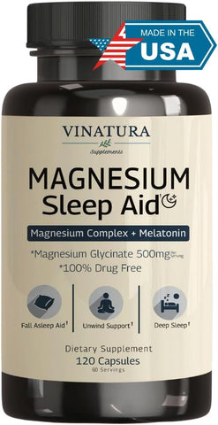VINATURA - Magnésio para Dormir – Complexo de Magnésio com Melatonina – 500mg de Magnésio Glicinato, Magnésio L-Teanina – 120 Cápsulas