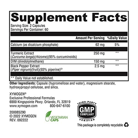 DIMension 3 – Suplemento de Diindolilmetano DIM com Curcumina BioPerine – Suporta a Desintoxicação Saudável de Estrogênio, Equilíbrio Hormonal para Mulheres e Homens – Alívio da Menopausa TPM - XYMOGEN