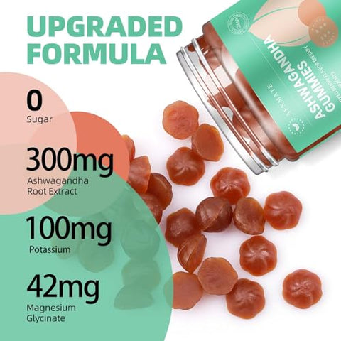 Gomas de Ashwagandha para Mulheres, Suplemento de Glicinato de Magnésio de Potássio para Adultos, Gomas Veganas de Ashwagandha sem Açúcar (90 Gomas) - AFXMATE
