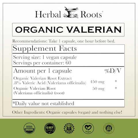 Cápsulas de Raiz de Valeriana Pura Orgânica Herbal Roots – 900 mg – Não Viciante sem Melatonina, Não-OGM – 60 Cápsulas Veganas, Suplemento Herbal